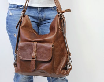 Convertible Leather Backpack Purse – Brown Medium Shoulder Hobo Bag with Zipper and Pockets