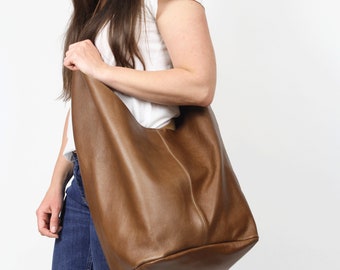 Bolso hobo de piel de gran tamaño: bolso bandolera y de hombro de piel de vacuno marrón