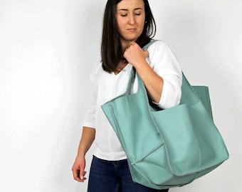 GRAND sac fourre-tout, sac Weekender surdimensionné, sac fourre-tout en cuir, sac à main bleu clair/vert pour femme, sac en cuir souple, sac de tous les jours, sac en cuir