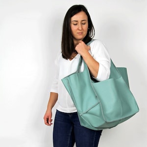 LARGE tote bag, Weekender Oversized bag, Leather tote bag, Light blue/Green Handbag for Women,  Soft Leather Bag, Every Day Bag, Leather Bag