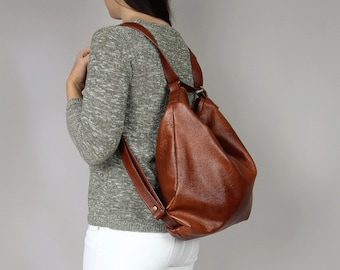 Brown LEATHER CONVERTIBLE BACKPACK Cognac brown Leather purse  Backpack Leather Shoulder Bag Crossbody Bag Women's handbag Leather bag