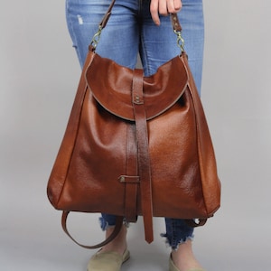 Leather Convertible Bag, Brown Leather Backpack Large Crossbody Bag, Cognac Leather Travel Bag Cognac Weekender Women's handbag Leather bag image 2