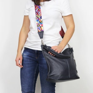 Leather Hobo Bag, Everyday Shoulder Bag, Navy Blue Leather Bag, Cross body bag, Aztec Belt, Aztec Strap, Top Zipper Bag, Fringe leather bag