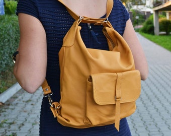 LEATHER BACKPACK PURSE Multi Way Rucksack Convertible Tote Bag Yellow Leather Shoulder Bag Leather Purse Women's Handbag