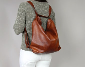 Brown LEATHER CONVERTIBLE BACKPACK Cognac brown Leather purse  Backpack Leather Shoulder Bag Crossbody Bag Women's handbag Leather bag