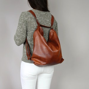 Brown LEATHER CONVERTIBLE BACKPACK Cognac brown Leather purse  Backpack Leather Shoulder Bag Crossbody Bag Women&#39;s handbag Leather bag