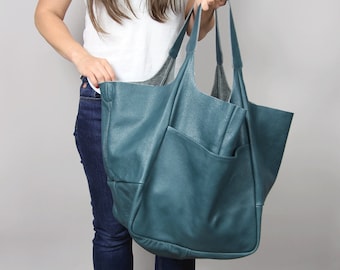 Leather Oversize Tote - Extra Large Leather Tote Bag with pocket for Women, Teal Leather Tote, Weekender Oversized bag, Blue Large tote bag