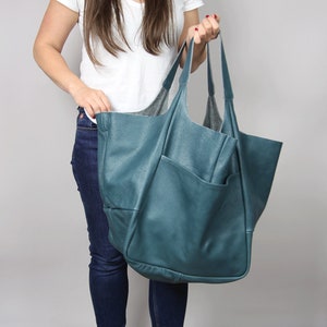 Leather Oversize Tote - Extra Large Leather Tote Bag with pocket for Women, Teal Leather Tote, Weekender Oversized bag, Blue Large tote bag