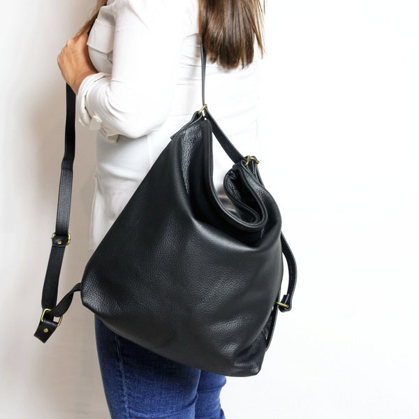 Black LEATHER CONVERTIBLE BACKPACK Black Leather purse  Backpack Leather Shoulder Bag Crossbody Bag Women's handbag Leather bag