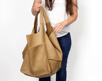 Große Leder-Tasche Tasche, Slouchy Tote, hellbraune Handtasche für Frauen, weiche Ledertasche, jeden Tag Tasche, Frauenledertasche, Weekender übergroße Tasche