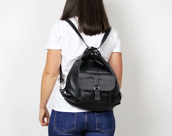 Black LEATHER BACKPACK PURSE Leather Shoulder Bag Black Backpack Black Rucksack Leather Purse Bag Black  Women's handbag Leather bag