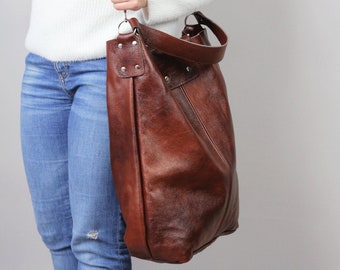 Cognac Oversized bag 17x18" Large leather tote bag, Every Day Bag, Women leather bag Slouchy Tote, Brown Handbag for Women Soft Leather Bag