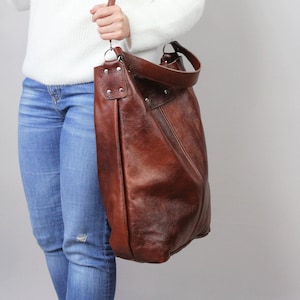 Grand sac fourre-tout en cuir cognac 17 x 18", sac de tous les jours, sac en cuir pour femme fourre-tout souple, sac à main marron pour femme en cuir souple