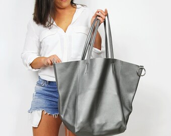 Silver Leather Tote Bag – Oversized Slouchy Shoulder Bag with Pouch