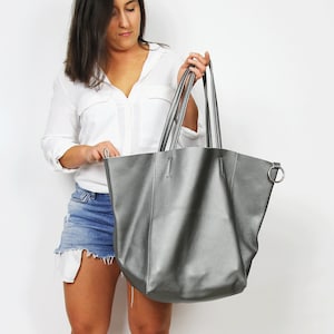 LARGE LEATHER TOTE Shoulder bag - Silver Slouchy Tote Bag - Soft Genuine Leather Shoulder Bag with Pouch - Large Everyday Bag for Women