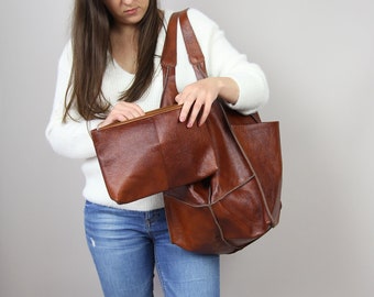 Weekender Oversized bag Large leather tote bag with cosmetic bag, Slouchy Tote, Cognac Handbag, Soft Leather Bag, Every Day Bag, Leather bag