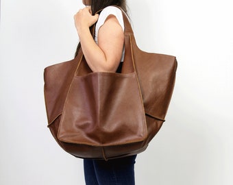 Extra Large Brown Leather Tote, Oversized Soft Shoulder Bag