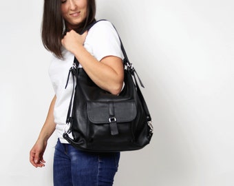 Black Leather Convertible Backpack Purse, Shoulder Bag