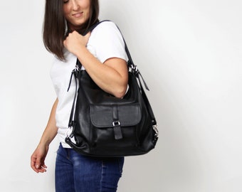 Black Convertible Bag LEATHER BACKPACK PURSE Leather Shoulder Bag Black Backpack Black Rucksack Black Women's handbag Leather bag