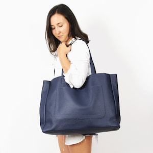 OVERSIZED TOTE, Large Bag, Large Slouchy Tote, Navy Blue Handbag for Women, Leather Bag, Every Day Bag, Women leather bag, Leather carry on