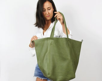 LARGE LEATHER TOTE Shoulder bag, Green Slouchy Tote, Green Handbag for Women,  Soft Leather Bag, Every Day Bag, Women leather bag