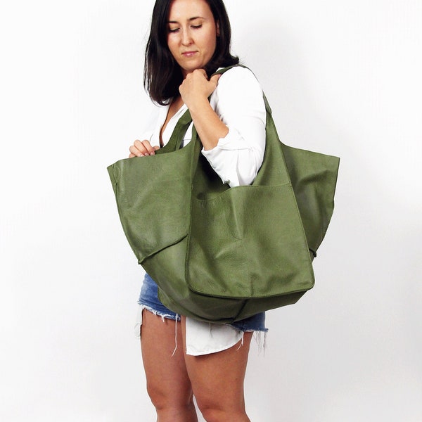 Green Oversized bag Large leather tote bag, Every Day Bag, Women leather bag Slouchy Tote, Olive Green Handbag for Women,  Soft Leather Bag