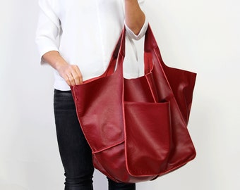Bolso tote de piel rojo oscuro, bolso holgado de gran tamaño