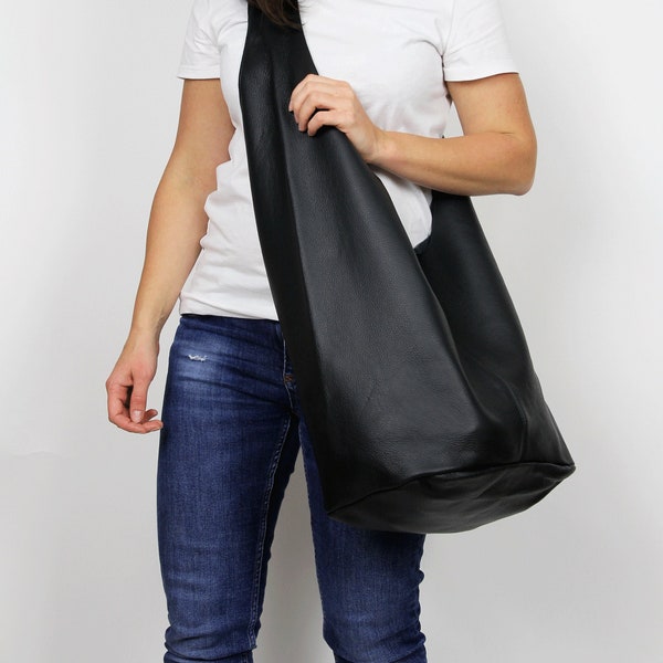 Oversized Black Leather Hobo Bag – Slouchy Shoulder Bag, Handmade