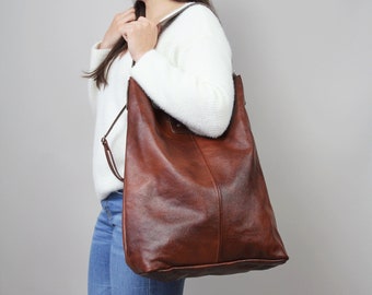 Cognac Oversized bag 17x18" Large leather tote bag, Every Day Bag, Women leather bag Slouchy Tote, Brown Handbag for Women Soft Leather Bag