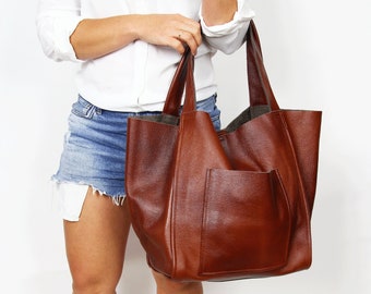 Sac en cuir souple, sac en cuir Cognac Grand sac fourre-tout en cuir, sac de tous les jours, sac en cuir pour femme Slouchy Tote, sac à main Cognac pour femme