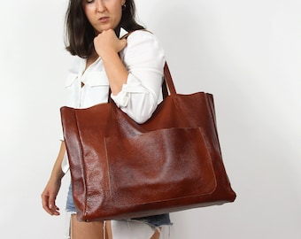 OVERSIZED TOTE,  Large Slouchy Tote, Cognac Brown Handbag for Women, Brown Leather Bag, Every Day Bag, Women leather bag, Leather carry on