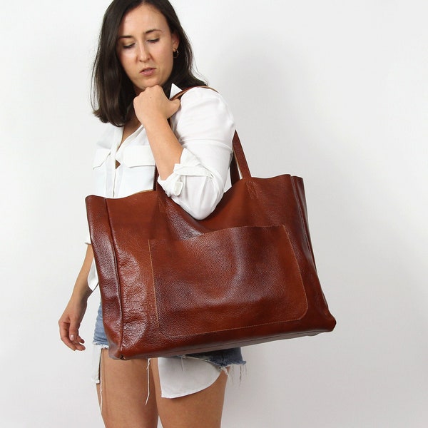 OVERSIZED TOTE,  Large Slouchy Tote, Cognac Brown Handbag for Women, Brown Leather Bag, Every Day Bag, Women leather bag, Leather carry on