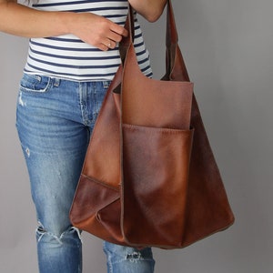 Weekender Oversized bag Large leather tote bag, Slouchy Tote, Cognac Handbag for Women, Soft Leather Bag, Every Day Bag, Women leather bag image 3