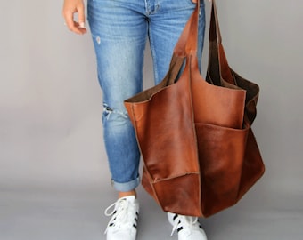 Cognac Leather Tote Bag: Slouchy Oversized Weekender