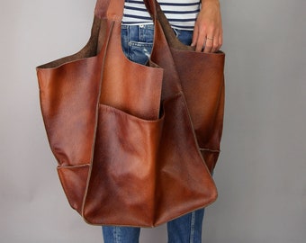 Weekender Oversized Bag Large Leather Tote Bag, Slouchy Tote, Cognac Handbag for Women, Soft Leather Bag, Every Day Bag, Women leather bag