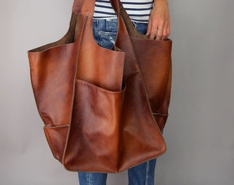 Weekender Oversized bag Large leather tote bag, Slouchy Tote, Cognac Handbag for Women, Soft Leather Bag, Every Day Bag, Women leather bag