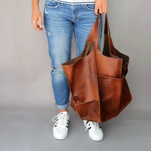 Weekender Oversized bag Large leather tote bag, Slouchy Tote, Cognac Handbag for Women, Soft Leather Bag, Every Day Bag, Women leather bag image 6