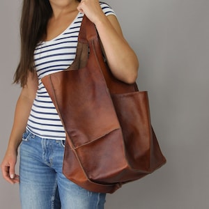 Bolso TOTE DE CUERO DE COGNAC, Tote Slouchy, Bolso de coñac para mujer, Bolso de todos los días, Bolso de cuero de mujer, Bolso de gran tamaño Weekender