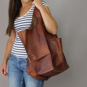 Weekender Oversized bag Large leather tote bag, Slouchy Tote, Cognac Handbag for Women, Soft Leather Bag, Every Day Bag, Women leather bag image 8