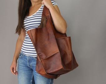 Sac FOURRE-TOUT EN CUIR COGNAC, fourre-tout Slouchy, sac à main Cognac pour femme, sac de tous les jours, sac en cuir pour femme, sac Weekender surdimensionné