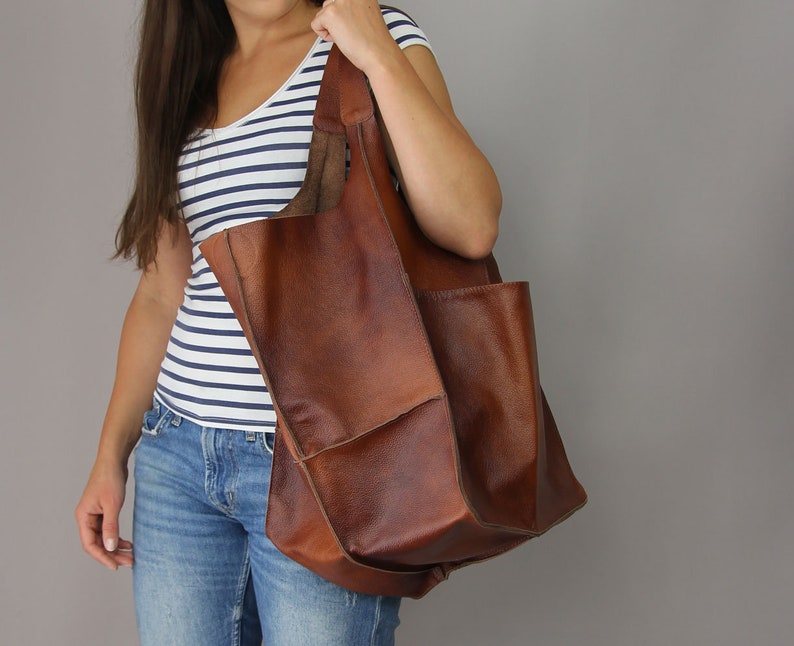 Weekender Oversized bag Large leather tote bag, Slouchy Tote, Cognac Handbag for Women, Soft Leather Bag, Every Day Bag, Women leather bag image 8