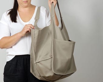 Oversized Leather Tote Bag, Beige Weekender Bag