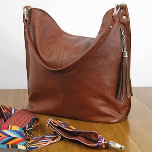 Cognac Leather Hobo Bag, Everyday Shoulder Bag, Cognac brown Leather Bag, Cross body bag, Aztec Belt, Aztec Strap, Fringe leather bag
