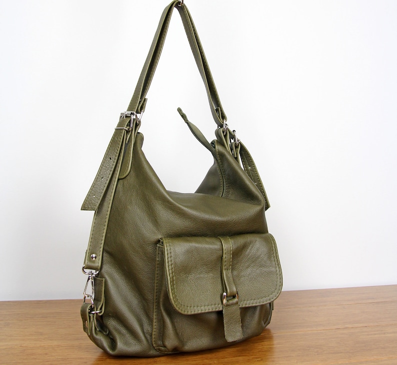 Multi Way Rucksack Hobo Bag Olive Leather Shoulder Bag Green Convertible backpack Brown Backpack Leather Rucksack zdjęcie 2