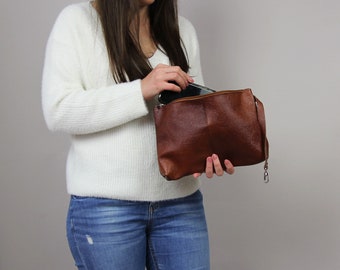 Cognac leather cosmetic bag