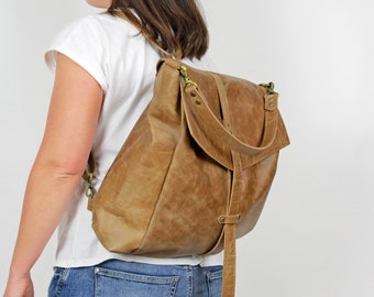 Leather Convertible Bag, Camel Brown Leather Backpack Large Crossbody Bag, Leather Travel Bag  Weekender Women's handbag Leather bag