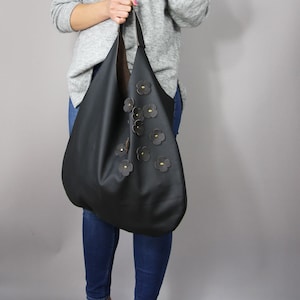 Genuine Leather Hobo Bag – Large Dark Brown Shoulder Bag with Flower Details, Handmade Slouchy Purse