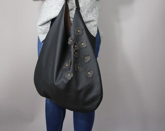 Handmade Leather Hobo Bag – Dark Brown Flower Shoulder Bag