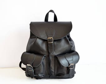 Black Large LEATHER BACKPACK with multiple pockets