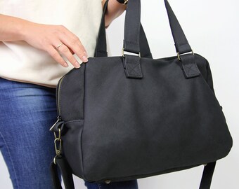 Black Leather Weekend Bag – Travel Duffle with Shoulder Strap